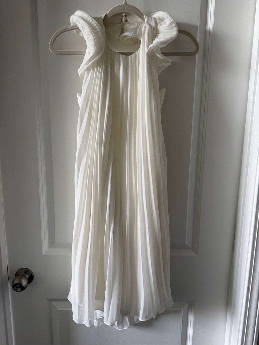 AMUR Mimi Dress Cream Pleated Ruffle-Shoulder Midi Dress